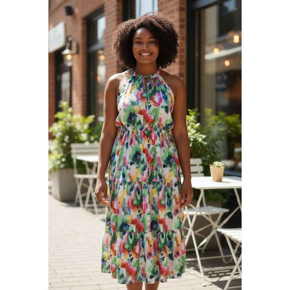 * Stella & Julie Watercolor 2X Plus Floral Halter Neck Maxi Dress Boho Summer